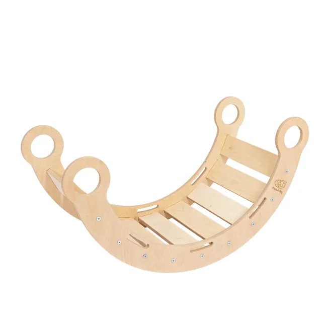 Balansoar Montessori Din Lemn Dream Rocker Meowbaby ,   Marime Mica, Cu Perna Bej, Multifunctional Leagan + Tunel + Scara   Placaj Lacuit Pjbsdrwb01