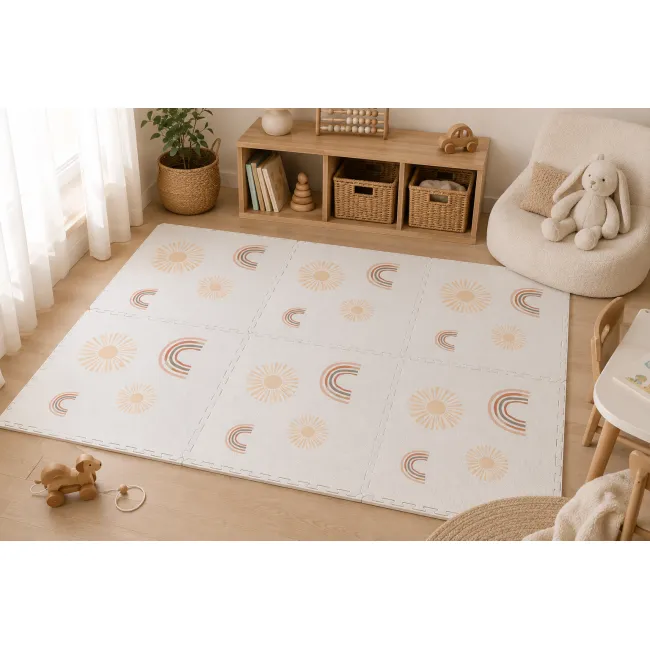 Covor Puzzle Din Spuma Meowbaby 180x60cm ,   Alb Cu Soare E I Curcubeu, 6 Piese, Impermeabil, Termoizolant   Ce, En71 Pjbmpzputs