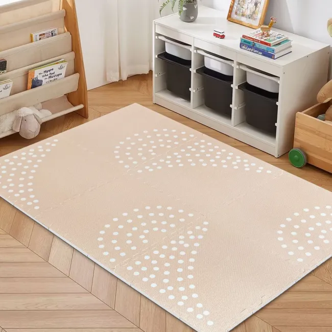 Covor Puzzle Din Spuma Meowbaby 180x60cm ,   Bej Cu Buline Albe, 6 Piese, Impermeabil, Termoizolant   Ce, En71 Pjbmpzpukp