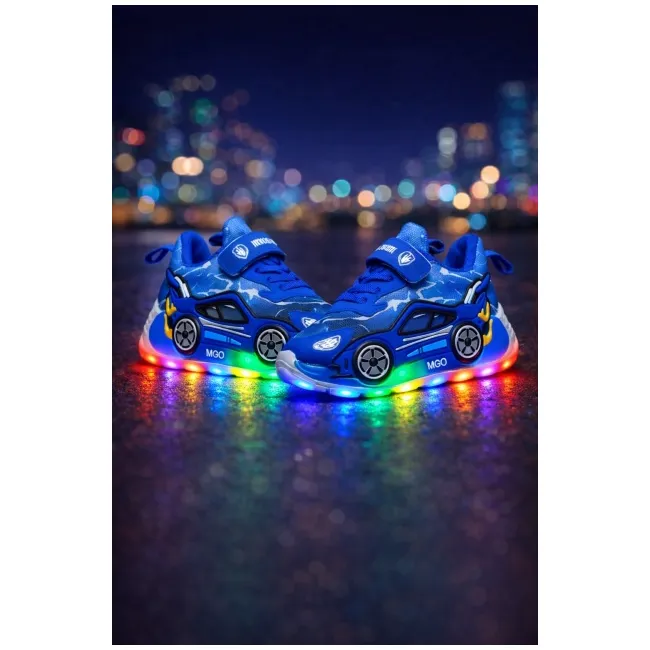 Pantofi sport cu lumini led, masinuta albastra, piele ecologica, baieti adled-1-1xx