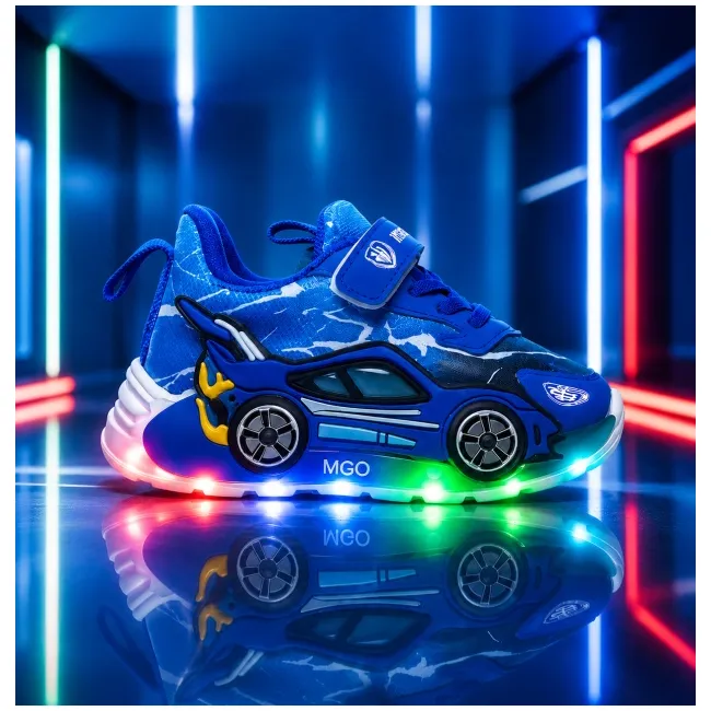 Pantofi sport cu lumini led, masinuta albastra, piele ecologica, baieti adled-1-1xx