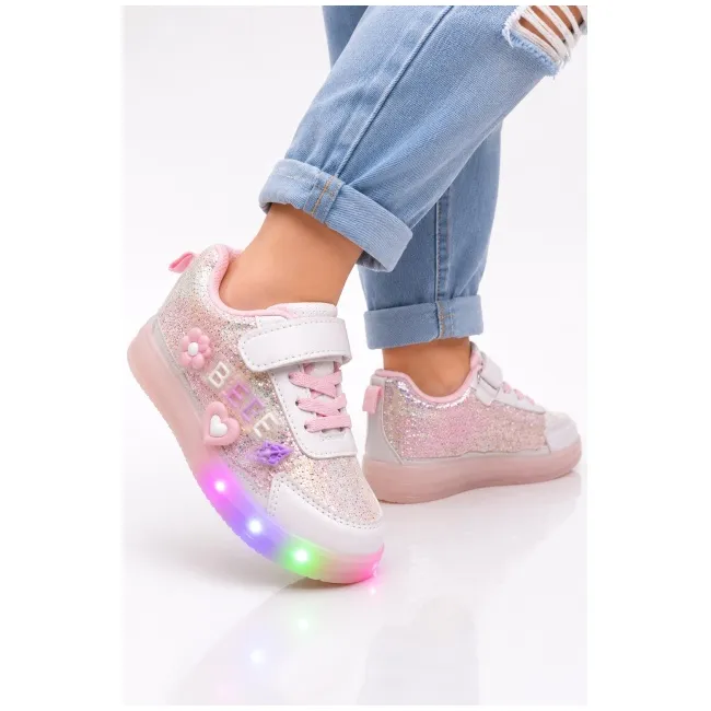 Pantofi sport cu luminite si sclipici, model premium style, piele ecologica, fete, roz ad30-75