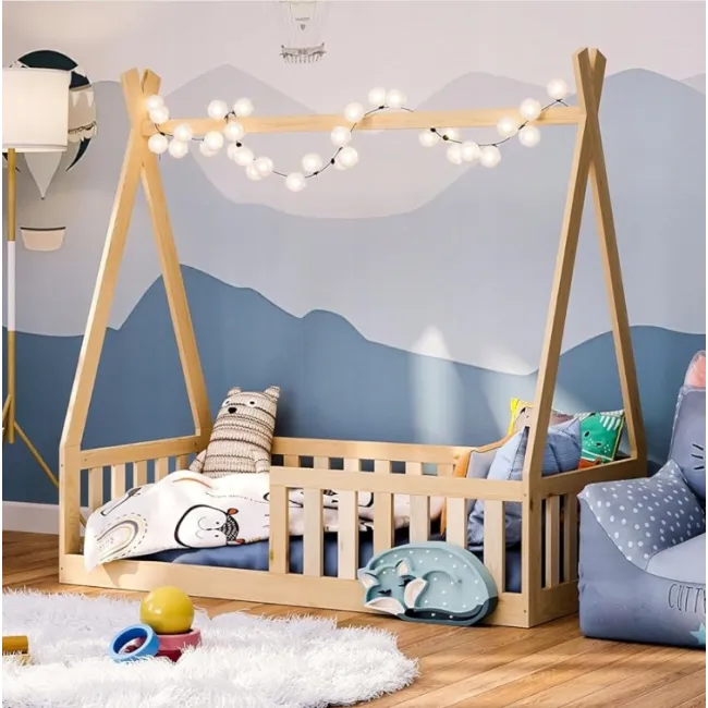 Pat Copii Tipi 140x70cm Natur Din Lemn Masiv De Pin ,   Design Scandinav Casuta, Montaj Direct Pe Podea, Cu Somiera   Sarcina Max 110kg Pjbtipi140_n