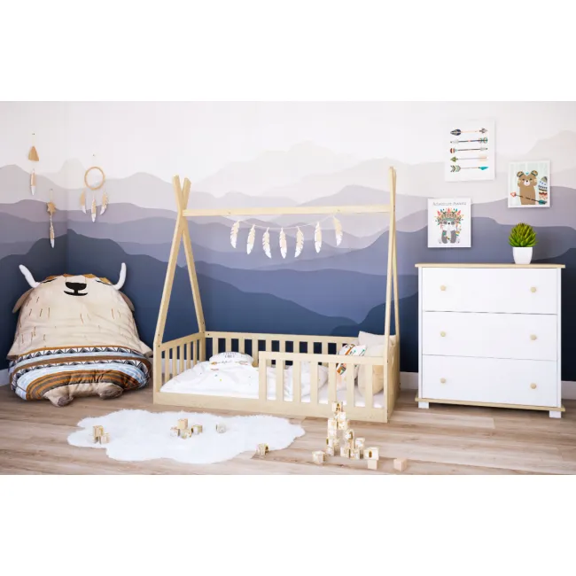 Pat Copii Tipi 140x70cm Natur Din Lemn Masiv De Pin ,   Design Scandinav Casuta, Montaj Direct Pe Podea, Cu Somiera   Sarcina Max 110kg Pjbtipi140_n