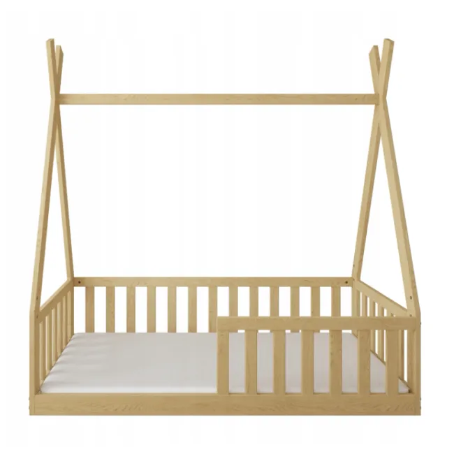 Pat Copii Tipi 140x70cm Natur Din Lemn Masiv De Pin ,   Design Scandinav Casuta, Montaj Direct Pe Podea, Cu Somiera   Sarcina Max 110kg Pjbtipi140_n