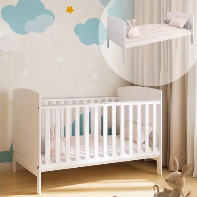Patut Evolutiv 140x70cm Philip 3a N1 Alb ,   Pat Bebe + Junior + Pat Pree Colar, Somiera Reglabila 3 Pozitii + Trepte Detae Abile   En 716 Pjbphilip140_w