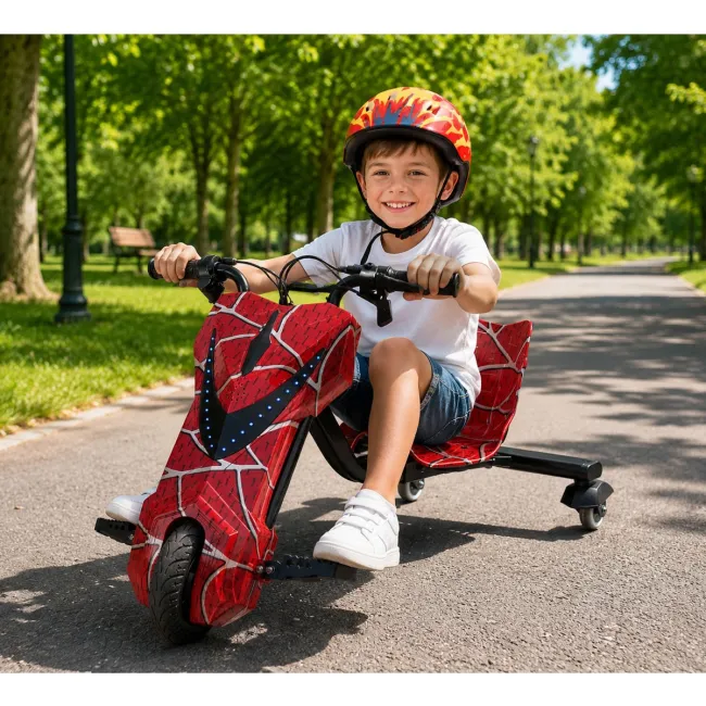 Tricicleta electrica drift 360 kidscare e400big pentru copii, motor 250w, viteza 20 km/h, baterie 36v 3.6ah, lumini led, rosu, kit de protectie inclus