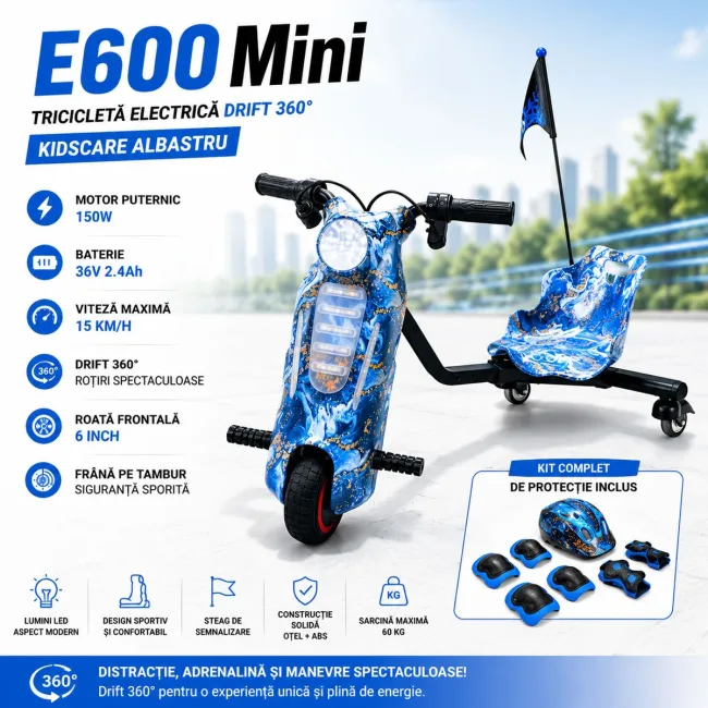 Tricicleta electrica drift 360 kidscare e600 mini pentru copii, motor 150w, viteza maxima 15 km/h, baterie 36v 2.4ah, lumini led, roti drift, albastru, kit de protectie inclus
