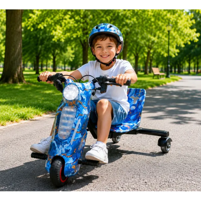 Tricicleta electrica drift 360 kidscare e600 mini pentru copii, motor 150w, viteza maxima 15 km/h, baterie 36v 2.4ah, lumini led, roti drift, albastru, kit de protectie inclus