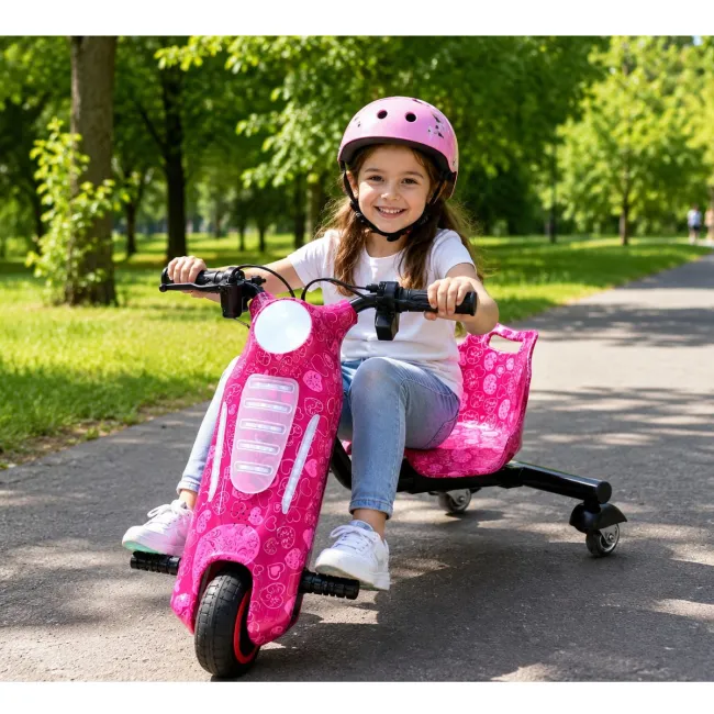 Tricicleta electrica drift 360 kidscare e600 mini pentru copii, motor 150w, viteza maxima 15 km/h, baterie 36v 2.4ah, lumini led, roti drift, roz, kit de protectie inclus