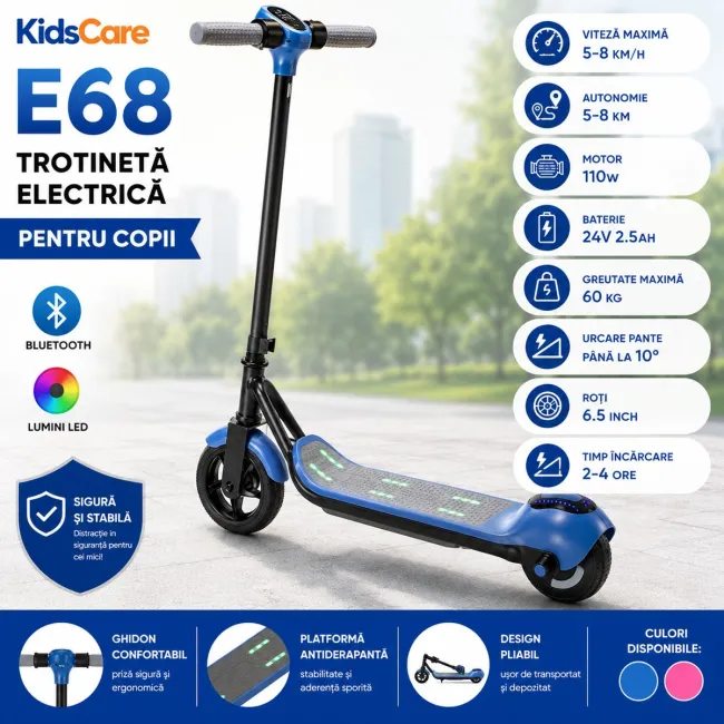 Trotineta electrica copii kidscare e68, motor 110w, baterie 24v 2.5ah, viteza 5-8 km/h, bluetooth, lumini, albastru