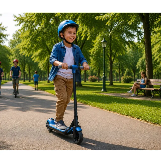 Trotineta electrica copii kidscare e68, motor 110w, baterie 24v 2.5ah, viteza 5-8 km/h, bluetooth, lumini, albastru