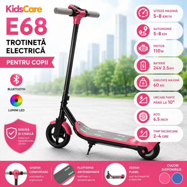 Trotineta electrica copii kidscare e68, motor 110w, baterie 24v 2.5ah, viteza 5-8 km/h, bluetooth, lumini, roz