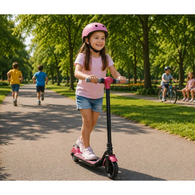 Trotineta electrica copii kidscare e68, motor 110w, baterie 24v 2.5ah, viteza 5-8 km/h, bluetooth, lumini, roz