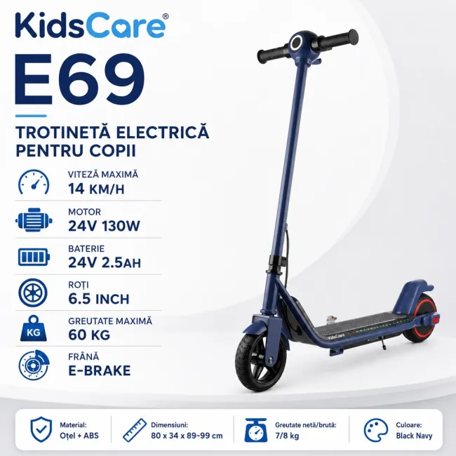 Trotineta electrica copii kidscare e69, motor 130w, baterie 24v 2.5ah, viteza 14 km/h, lumini, negru
