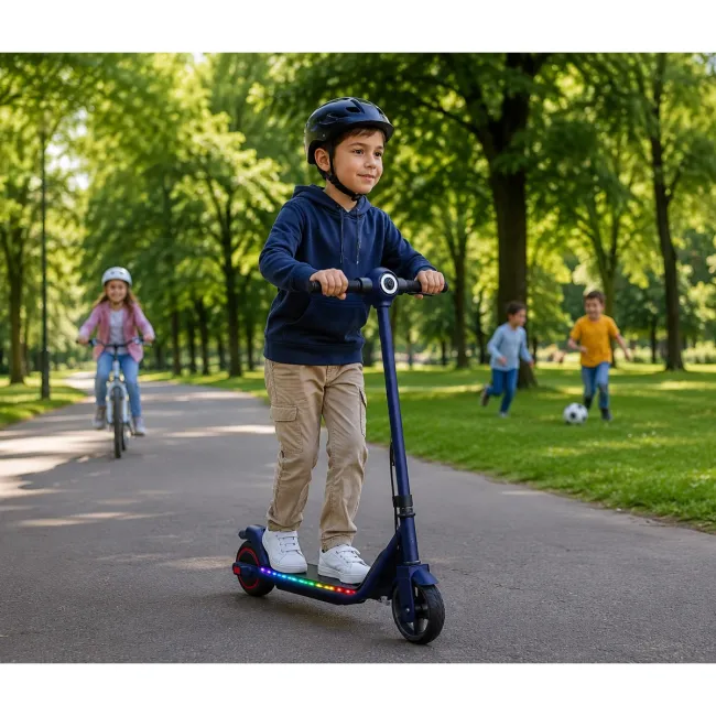 Trotineta electrica copii kidscare e69, motor 130w, baterie 24v 2.5ah, viteza 14 km/h, lumini, negru