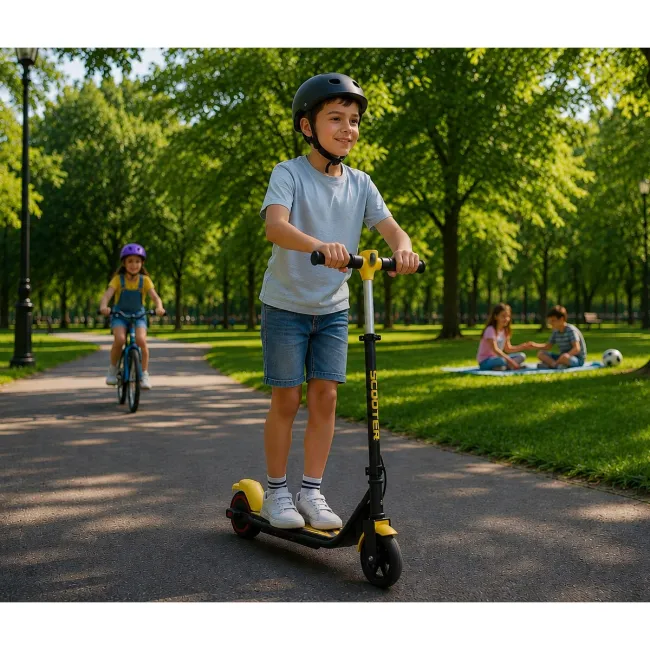 Trotineta electrica copii kidscare e70, motor 130w, baterie 24v 2.5ah, viteza 14 km/h, lumini, galben