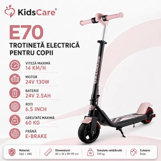 Trotineta electrica copii kidscare e70, motor 130w, baterie 24v 2.5ah, viteza 14 km/h, lumini, roz