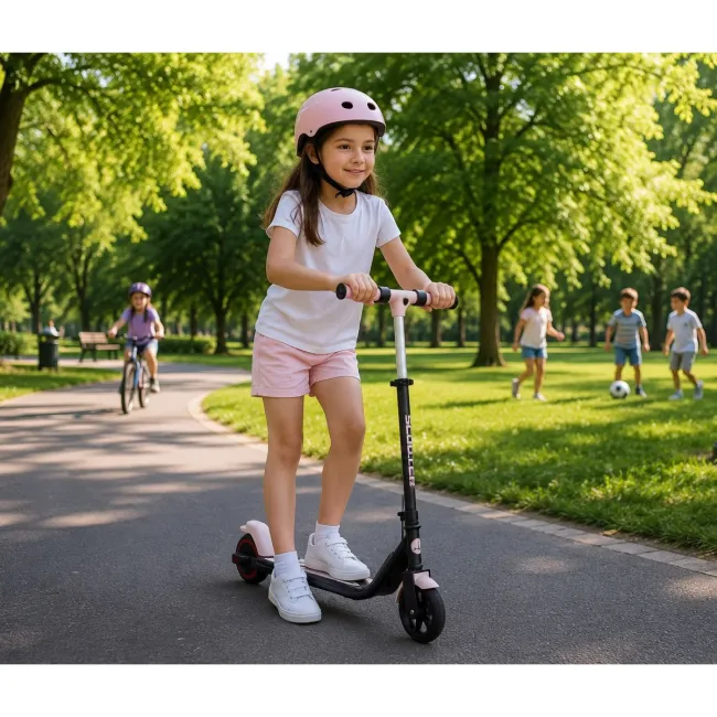 Trotineta electrica copii kidscare e70, motor 130w, baterie 24v 2.5ah, viteza 14 km/h, lumini, roz