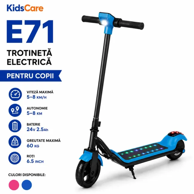 Trotineta electrica copii kidscare e71, motor 110w, baterie 24v 2.5ah, viteza 12-15 km/h, bluetooth, lumini, albastru