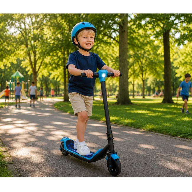 Trotineta electrica copii kidscare e71, motor 110w, baterie 24v 2.5ah, viteza 12-15 km/h, bluetooth, lumini, albastru