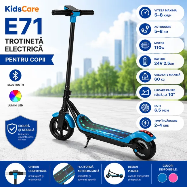 Trotineta electrica copii kidscare e71, motor 110w, baterie 24v 2.5ah, viteza 12-15 km/h, bluetooth, lumini, albastru