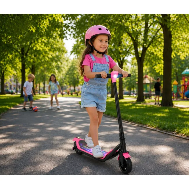 Trotineta electrica copii kidscare e71, motor 110w, baterie 24v 2.5ah, viteza 12-15 km/h, bluetooth, lumini, roz