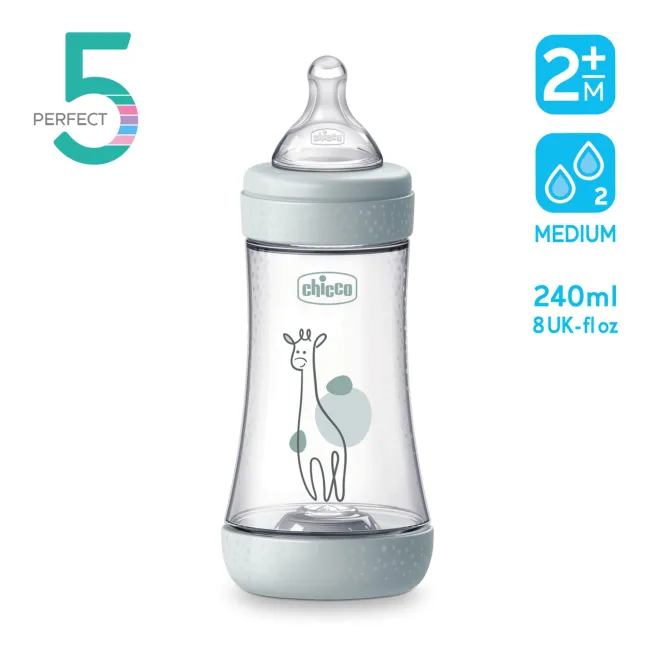 Biberon Chicco Perfect5 240ml, biofunctional, anti-colici, tetina silicon, flux mediu, fata, 2luni CHC2022312-7