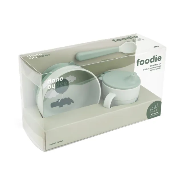 Set pentru primele mese cu ventuza Done by Deer Foodie Happy Clouds Green
