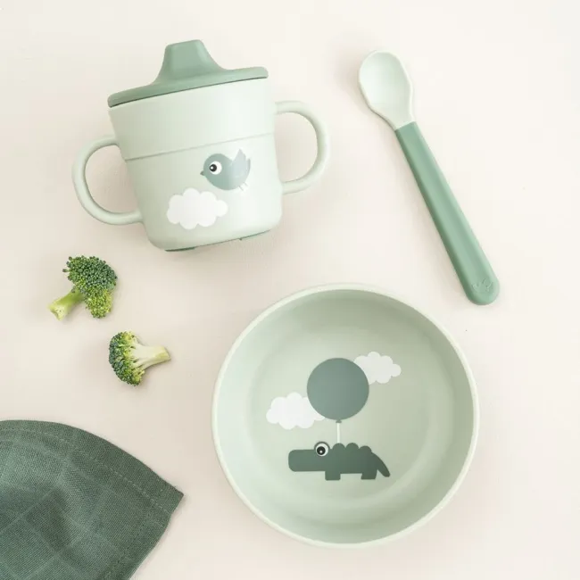 Set pentru primele mese cu ventuza Done by Deer Foodie Happy Clouds Green