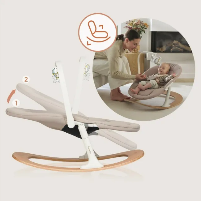 Balansoar, Lionelo, Celia, Manual, Cu 2 pozitii de inclinare, Cu centuri de siguranta in 5 puncte, Bara cu jucarii inclusa, Baza din lemn de fag, Husa detasabila si lavabila, Pana la 9 kg, Bej BYNLO-CELIA_ROCKER_NATURAL_WOOD