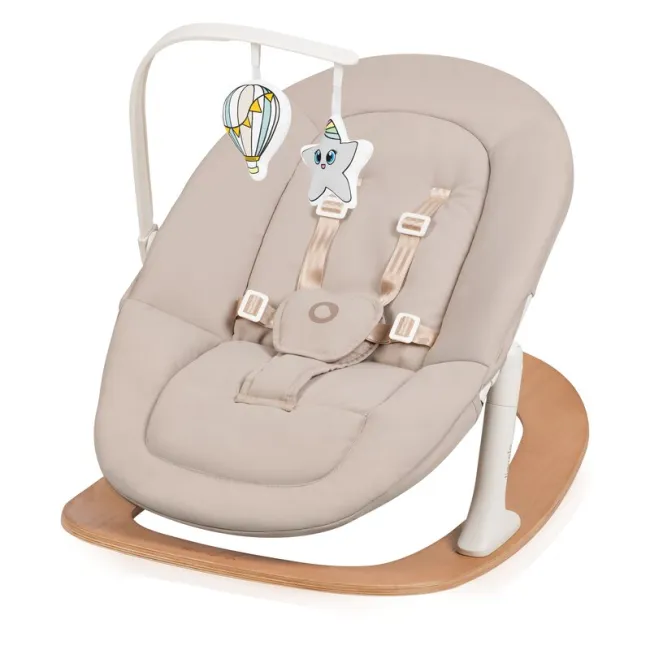 Balansoar, Lionelo, Celia, Manual, Cu 2 pozitii de inclinare, Cu centuri de siguranta in 5 puncte, Bara cu jucarii inclusa, Baza din lemn de fag, Husa detasabila si lavabila, Pana la 9 kg, Bej BYNLO-CELIA_ROCKER_NATURAL_WOOD