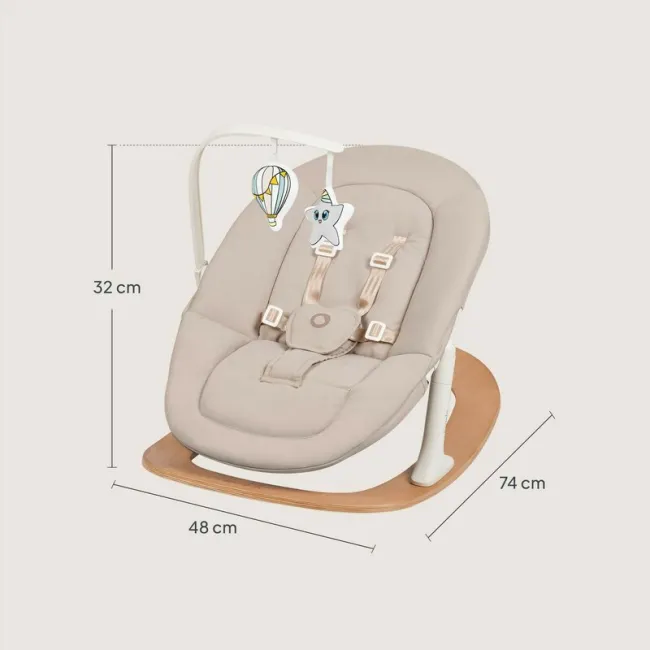 Balansoar, Lionelo, Celia, Manual, Cu 2 pozitii de inclinare, Cu centuri de siguranta in 5 puncte, Bara cu jucarii inclusa, Baza din lemn de fag, Husa detasabila si lavabila, Pana la 9 kg, Bej BYNLO-CELIA_ROCKER_NATURAL_WOOD