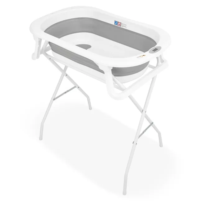 Cadita de baie pliabila, Qmini, Foldy Pro, Cu suport metalic si pernuta de baie, Cu termometru electronic, Cu dop si furtun pentru scurgere, Antiderapanta, 80&times;49 cm, Alb/Gri BYNFG490