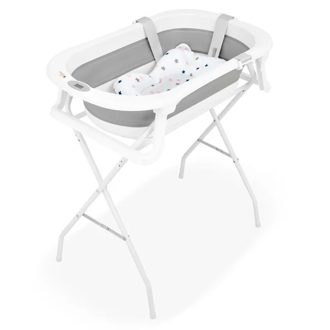 Cadita de baie pliabila, Qmini, Foldy Pro, Cu suport metalic si pernuta de baie, Cu termometru electronic, Cu dop si furtun pentru scurgere, Antiderapanta, 80&times;49 cm, Alb/Gri BYNFG490