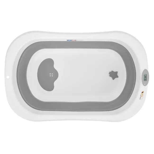 Cadita de baie pliabila, Qmini, Foldy Pro, Cu suport metalic si pernuta de baie, Cu termometru electronic, Cu dop si furtun pentru scurgere, Antiderapanta, 80&times;49 cm, Alb/Gri BYNFG490