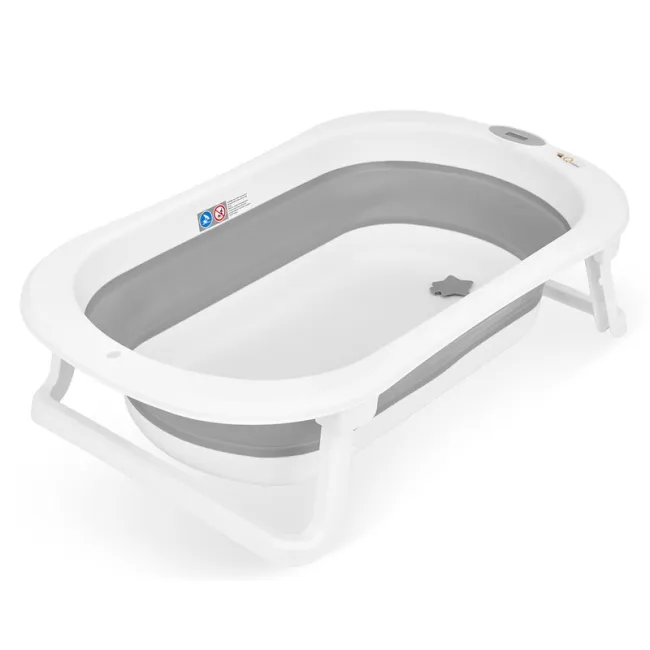 Cadita de baie pliabila, Qmini, Foldy Pro, Cu suport metalic si pernuta de baie, Cu termometru electronic, Cu dop si furtun pentru scurgere, Antiderapanta, 80&times;49 cm, Alb/Gri BYNFG490