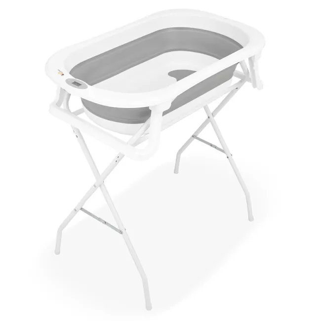 Cadita de baie pliabila, Qmini, Foldy Pro, Cu suport metalic si pernuta de baie, Cu termometru electronic, Cu dop si furtun pentru scurgere, Antiderapanta, 80&times;49 cm, Alb/Gri BYNFG490