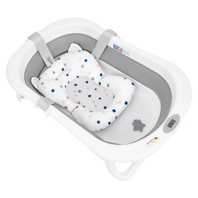 Cadita de baie pliabila, Qmini, Foldy Pro, Cu suport metalic si pernuta de baie, Cu termometru electronic, Cu dop si furtun pentru scurgere, Antiderapanta, 80&times;49 cm, Alb/Gri BYNFG490