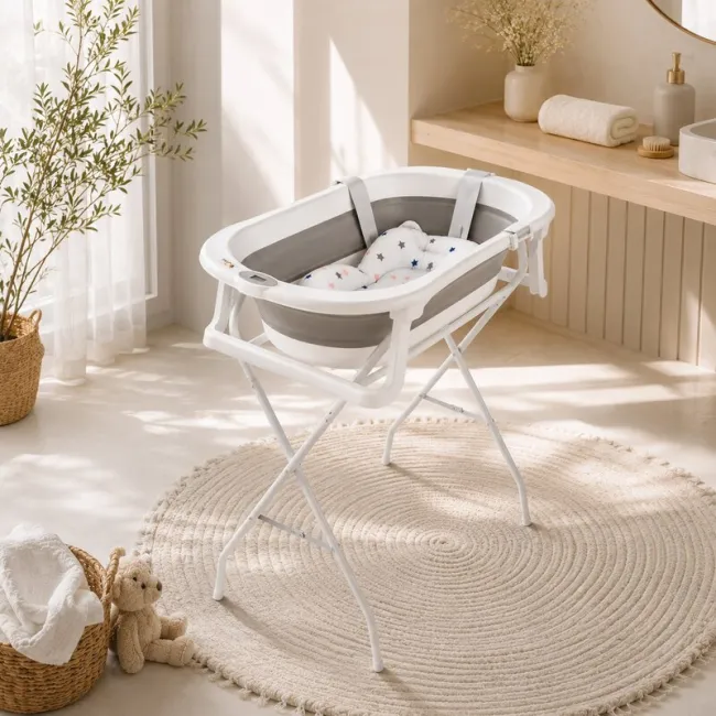 Cadita de baie pliabila, Qmini, Foldy Pro, Cu suport metalic si pernuta de baie, Cu termometru electronic, Cu dop si furtun pentru scurgere, Antiderapanta, 80&times;49 cm, Alb/Gri BYNFG490