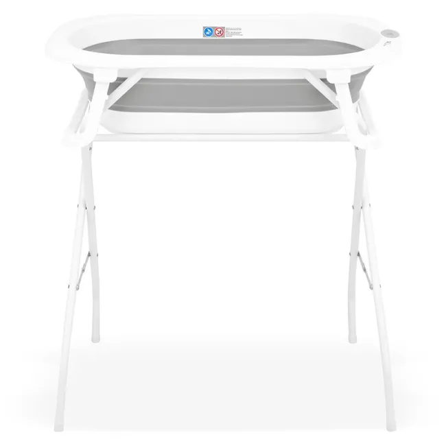 Cadita de baie pliabila, Qmini, Foldy Pro, Cu suport metalic si pernuta de baie, Cu termometru electronic, Cu dop si furtun pentru scurgere, Antiderapanta, 80&times;49 cm, Alb/Gri BYNFG490