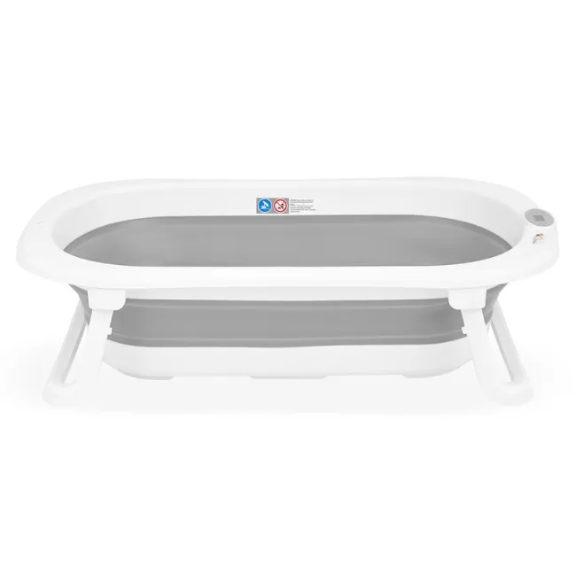 Cadita de baie pliabila, Qmini, Foldy Pro, Cu suport metalic si pernuta de baie, Cu termometru electronic, Cu dop si furtun pentru scurgere, Antiderapanta, 80&times;49 cm, Alb/Gri BYNFG490
