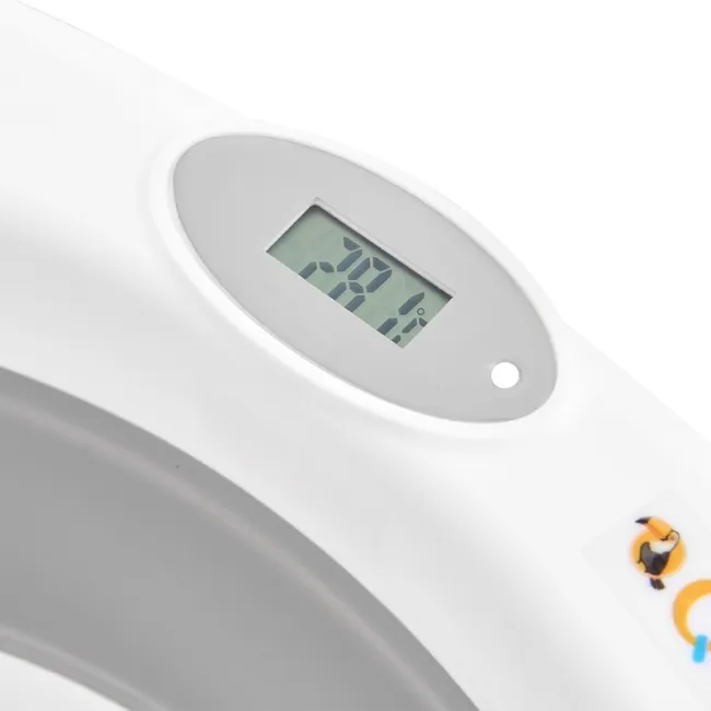 Cadita de baie pliabila, Qmini, Foldy Pro, Cu suport metalic si pernuta de baie, Cu termometru electronic, Cu dop si furtun pentru scurgere, Antiderapanta, 80&times;49 cm, Alb/Gri BYNFG490