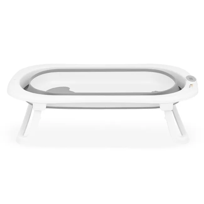 Cadita de baie pliabila, Qmini, Foldy Pro, Cu suport metalic si pernuta de baie, Cu termometru electronic, Cu dop si furtun pentru scurgere, Antiderapanta, 80&times;49 cm, Alb/Gri BYNFG490