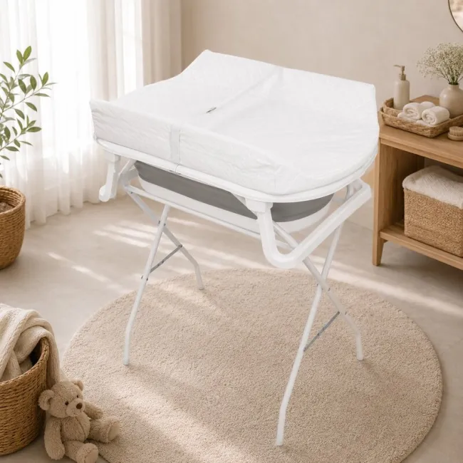 Cadita de baie pliabila, Qmini, Foldy Pro Care, Cu suport metalic si masuta de infasat, Cu termometru electronic, Cu dop si furtun pentru scurgere, Antiderapanta, 80&times;49 cm, Alb/Gri BYNFG2205