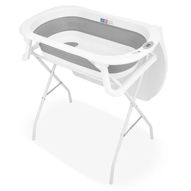 Cadita de baie pliabila, Qmini, Foldy Pro Care, Cu suport metalic si masuta de infasat, Cu termometru electronic, Cu dop si furtun pentru scurgere, Antiderapanta, 80&times;49 cm, Alb/Gri BYNFG2205