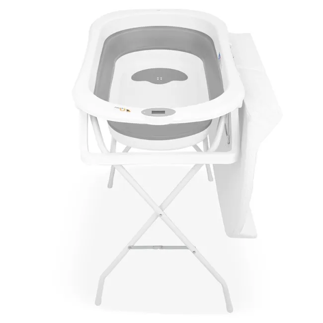 Cadita de baie pliabila, Qmini, Foldy Pro Care, Cu suport metalic si masuta de infasat, Cu termometru electronic, Cu dop si furtun pentru scurgere, Antiderapanta, 80&times;49 cm, Alb/Gri BYNFG2205
