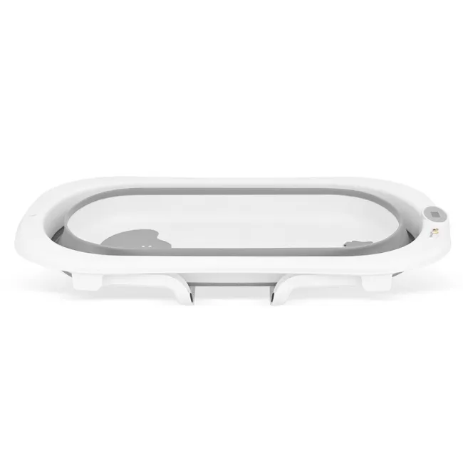 Cadita de baie pliabila, Qmini, Foldy Pro Care, Cu suport metalic si masuta de infasat, Cu termometru electronic, Cu dop si furtun pentru scurgere, Antiderapanta, 80&times;49 cm, Alb/Gri BYNFG2205