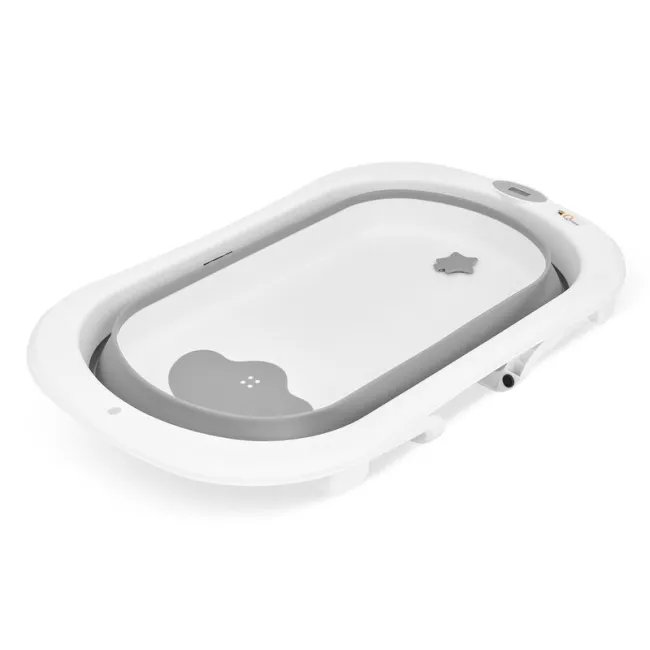Cadita de baie pliabila, Qmini, Foldy Pro Care, Cu suport metalic si masuta de infasat, Cu termometru electronic, Cu dop si furtun pentru scurgere, Antiderapanta, 80&times;49 cm, Alb/Gri BYNFG2205