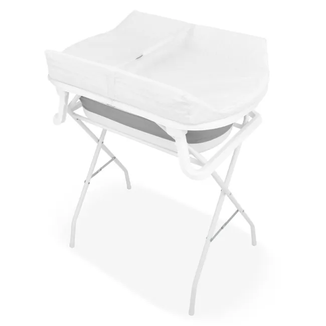 Cadita de baie pliabila, Qmini, Foldy Pro Care, Cu suport metalic si masuta de infasat, Cu termometru electronic, Cu dop si furtun pentru scurgere, Antiderapanta, 80&times;49 cm, Alb/Gri BYNFG2205